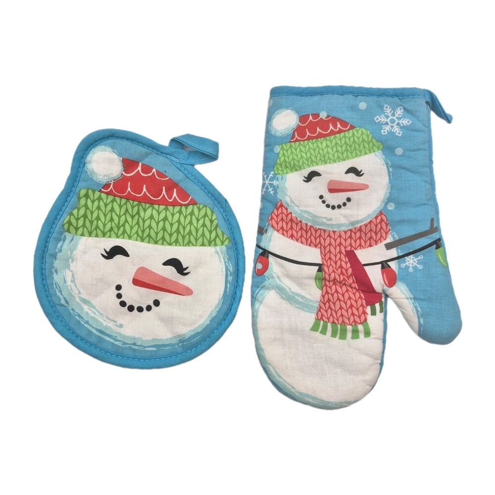 Blue Snowman Oven Mitt Hot Pad Set Cotton Holiday Time